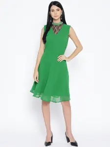 Karmic Vision Women Green Solid Fit & Flare Dress