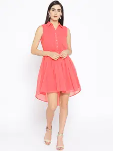 Karmic Vision Women Coral Pink Solid High-Low Shirt Dress