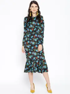 Karmic Vision Women Black & Blue Floral Print A-Line Dress