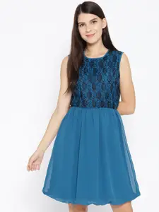Karmic Vision Women Teal Blue Solid Fit and Flare Dress