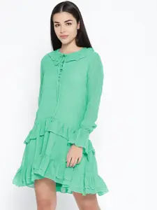 Karmic Vision Women Green Solid A-Line Tiered Dress