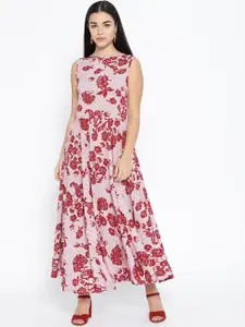 Karmic Vision Women White & Maroon Floral Print Maxi Dress
