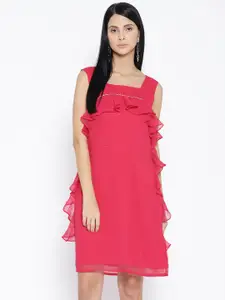 Karmic Vision Women Fuchsia Solid Ruffled A-Line Dress
