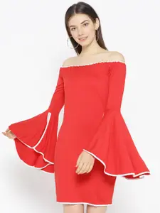 Karmic Vision Women Red Off-Shoulder Solid Sheath Dress