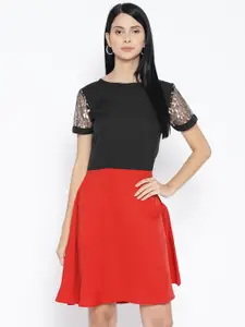 Karmic Vision Women Black & Red Colourblocked Fit & Flare Dress
