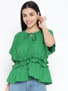 Karmic Vision Women Green Solid Cinched Waist Top