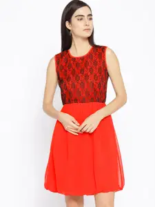 Karmic Vision Women Red & Black Solid Fit and Flare Dress
