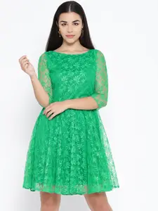 Karmic Vision Women Green Floral Lace Fit & Flare Dress