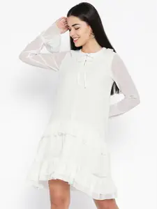 Karmic Vision Women White Solid Flounce Drop-Waist Dress