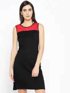 Karmic Vision Women Black & Red Colourblocked A-Line Dress