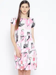 Karmic Vision Women Pink & White Printed A-Line Dress