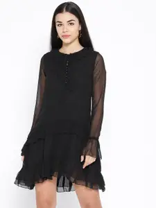 Karmic Vision Women Black Solid Flounce A-Line Tiered Dress