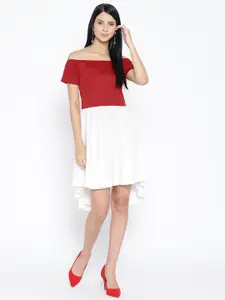 Karmic Vision Women Red & White Colourblocked A-Line Dress