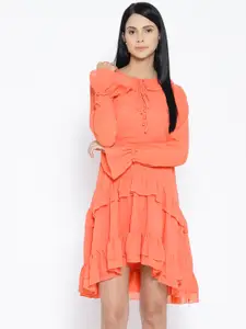 Karmic Vision Women Peach-Coloured Solid A-Line Tiered Dress