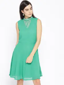 Karmic Vision Women Green Solid Fit & Flare Dress