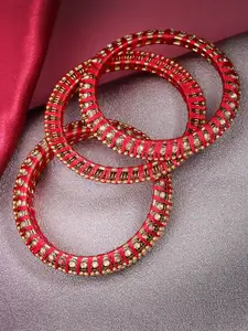 Priyaasi Women Set of 4 Red Gold-Plated Stone-Studded Handcrafted Bangles