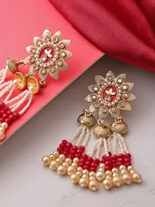 Priyaasi White & Red Gold-Plated Stone-Studed & Beaded Handcrafted Classic Drop Earrings