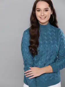 Mast & Harbour Women Teal Blue Self Design Sweater