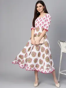 Libas Women White & Pink Floral Printed Fit & Flare Dress