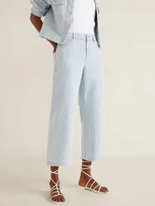 MANGO Women Blue & White Striped Regular Fit Mid-Rise Clean Look Cropped Parallel Jeans