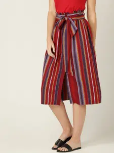 MANGO Women Maroon & Purple Striped A-Line Skirt