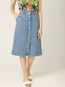 MANGO Women Blue Solid Pure Cotton Denim A-line Skirt