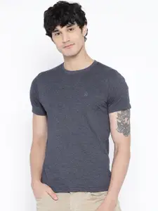 CHKOKKO Men Navy Blue Solid Round Neck T-shirt