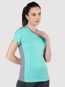 CHKOKKO Women Sea Green Solid Training T-shirt