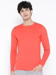 Chkokko Men Coral Orange Solid Round Neck T-shirt
