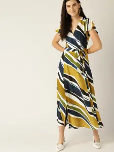 MANGO Women Mustard Yellow & Navy Blue Striped Wrap Dress