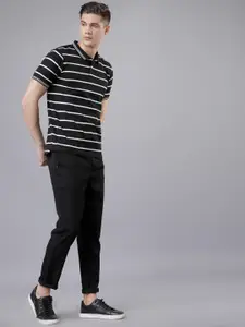 HIGHLANDER Men Black & White Striped Polo Collar T-shirt