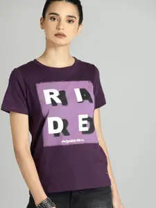 The Roadster Lifestyle Co Women Purple  White Printed Round Neck Pure Cotton T-shirt