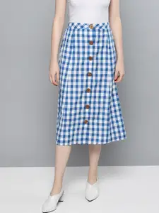 Besiva Women Blue & White Checked Pure Cotton A-Line Skirt