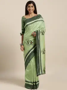 Kvsfab Women Green Printed Cotton Blend Saree