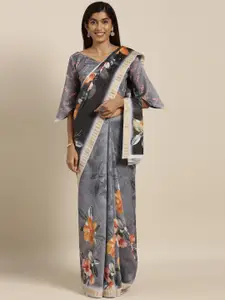 Kvsfab Black & Grey Cotton Blend Printed Saree