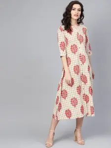 GERUA Women Off-White & Pink Floral Print Midi A-Line Dress