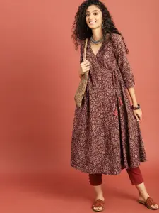 Taavi Women Rust Brown Kalamkari Hand Block Printed A-Line Angrakha  Kurta with Tie-Ups