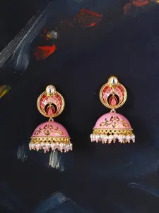 Voylla Gold-Toned & Pink Enamelled Dome Shaped Jhumkas
