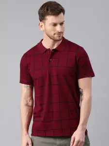 Kryptic Men Maroon  Navy Checked Polo Pure Cotton T-shirt