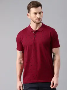 Kryptic Men Maroon  Navy Printed Polo Collar Pure Cotton T-shirt