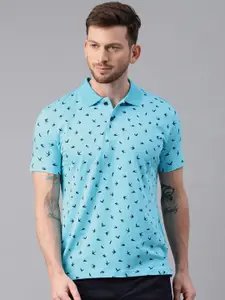 Kryptic Men Blue Printed Polo Collar Pure Cotton T-shirt