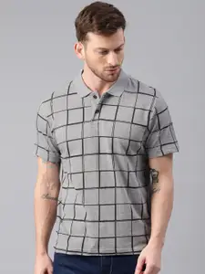 Kryptic Men Grey Melange  Black Checked Polo Pure Cotton T-shirt