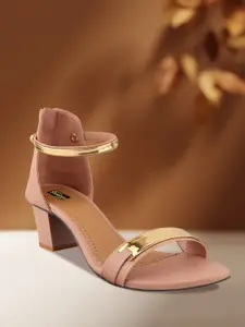 Shoetopia Women Peach-Coloured & Gold-Toned Colourblocked Heels