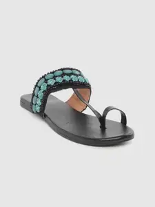 Street Style Store Women Black & Sea Green Embellished One Toe Flats