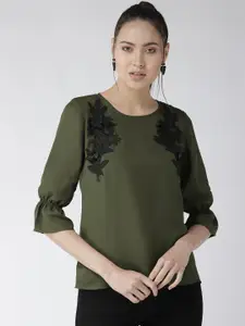 Style Quotient Women Olive Green Solid Top with Applique Detail
