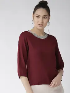 Style Quotient Women Burgundy Solid Top with Embellished Detail