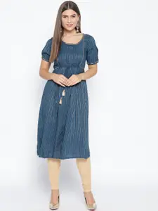 AURELIA Women Navy Blue Striped Zari Detail Empire A-Line Kurta