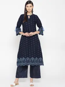 AURELIA Women Blue Embroidered A-Line Kurta