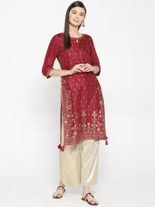 AURELIA Women Maroon & Golden Printed Straight Kurta
