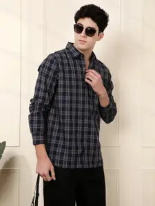 WROGN Men Navy Blue & Grey Slim Fit Checked Casual Shirt